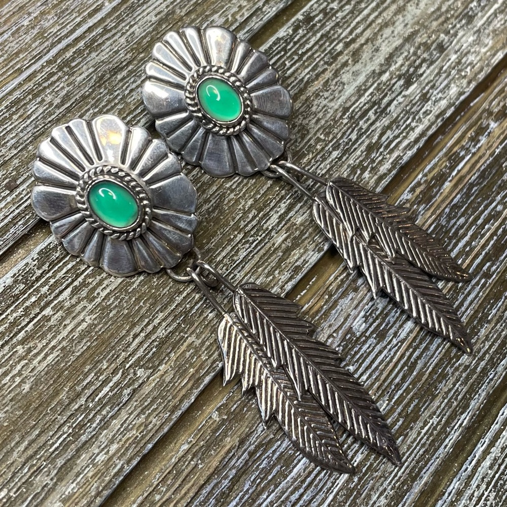 Vintage Sterling Concho Green Chrysoprase Stud Dangle Earrings
